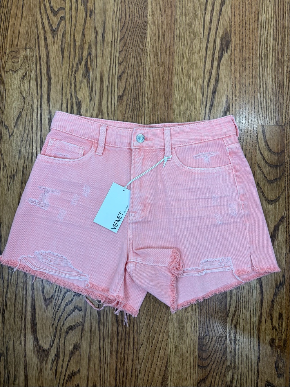 NWT VERVET 3" High-Rise Pink Distressed Denim Shorts (S)